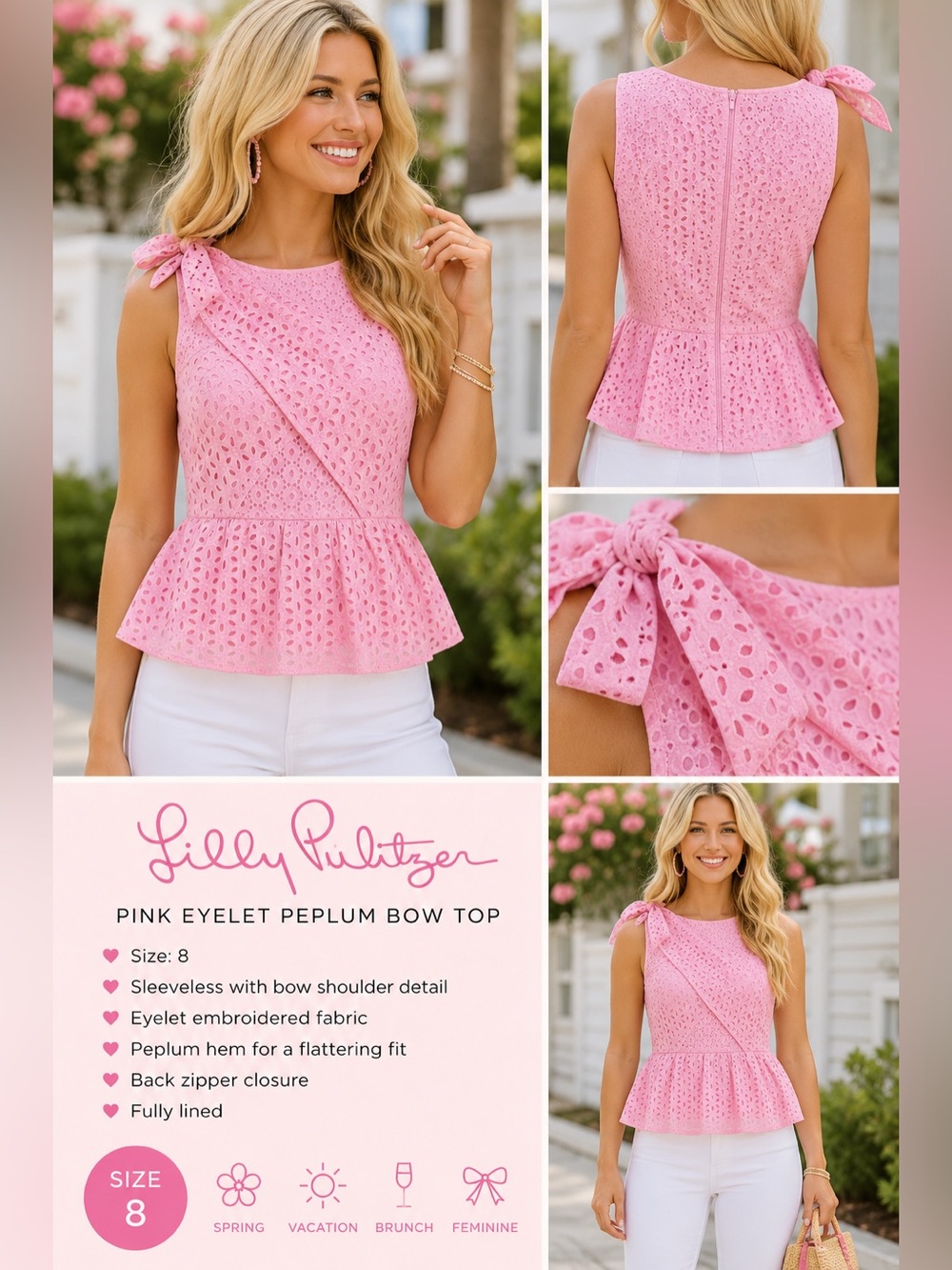 Lilly Pulitzer Pink Eyelet Peplum Bow Shoulder Top - Picture 1 of 8